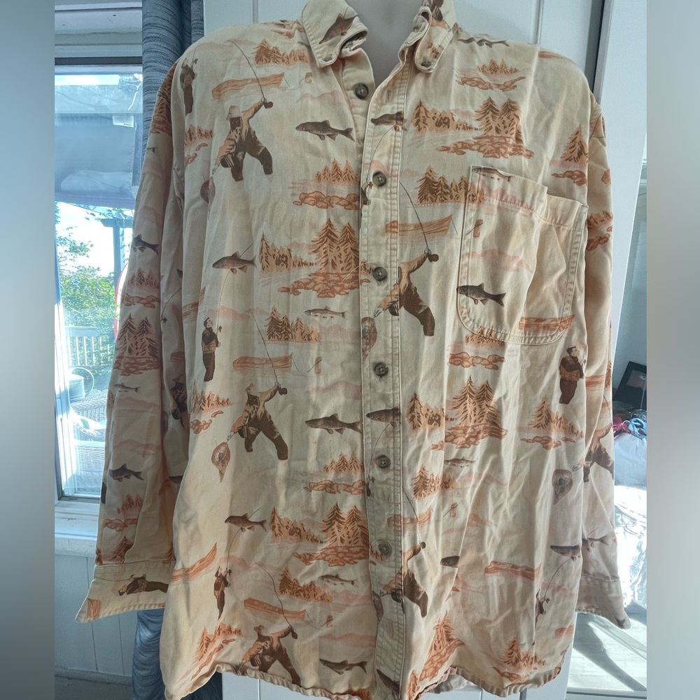 Cabela's Tan and Brown Casual Button Down Shirt fly fishing